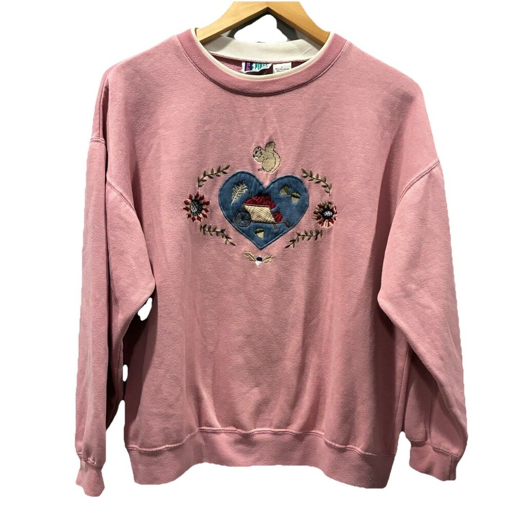 Vintage Cottagecore Embroidered Sweatshirt – Folk Art Pink Crewneck Size Large